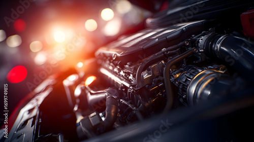 Close up view of a car engine with visible components and a bright light in the background