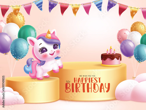 Birthday yellow podium clipart design. Wishing Happiest Birthday and cute unicorn, bunch of elegant balloons, cake and pennants elements for kids girl magical party celebration podium template vector 