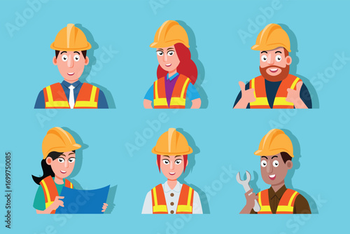 Construction workers characters with safety helmets