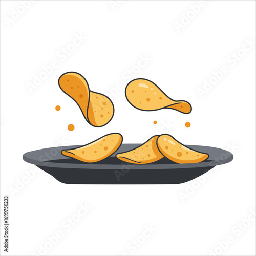 Cartoon Chips on a Plate with Floating Chips and Crumbs.