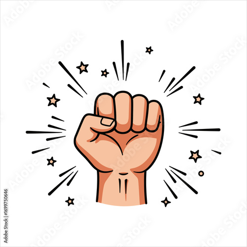 Cartoon Fist Raised in Protest with Starbursts and Stars Around It.