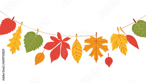 Autumn leaves hanging on a string with clothespins vector