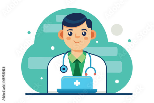 Cartoon Doctor in White Coat with Stethoscope and Laptop on White Background