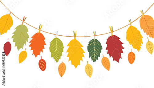 Autumn leaves hanging on a string clothespins