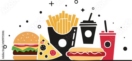 Burger pizza fries hotdog drinks and abstract shapes vector