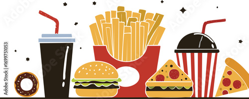 Colorful assortment of fast food items and drinks burger fries