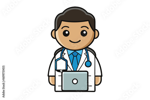 Cartoon Male Doctor with Laptop, Smiling Face, and White Coat on White Background