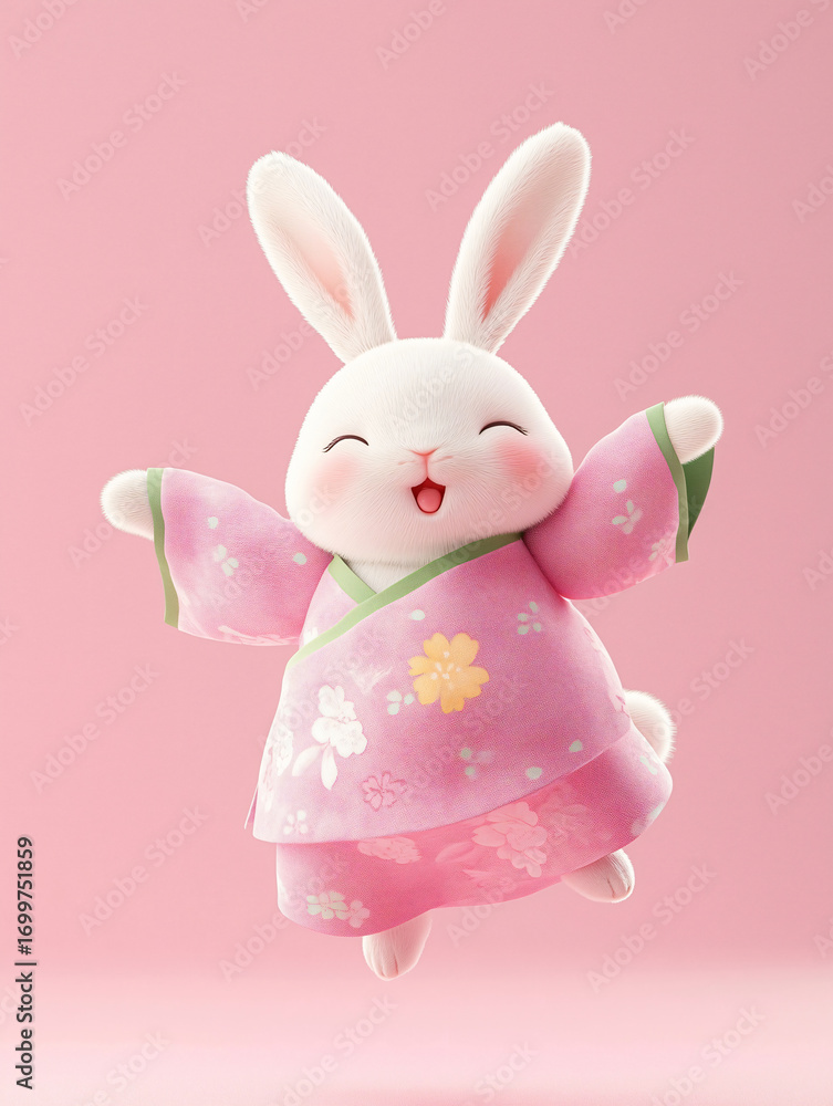 Obraz premium A 3D illustration of a rabbit dancing in traditional Chinese clothing