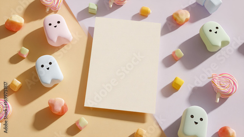 A cute Halloween mockup with a blank card surrounded by ghost figures, candy, and lollipops on a pastel background