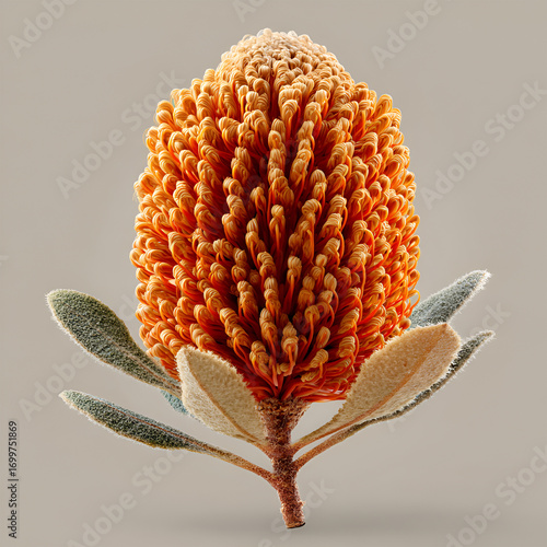 Orange Banksia Flower Isolated on Neutral Background