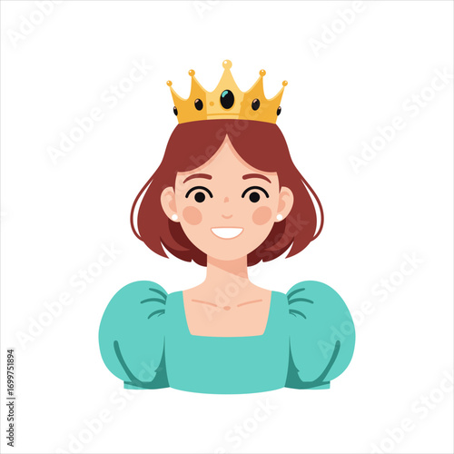 Cartoon Princess Portrait with Golden Crown and Teal Dress Illustration.