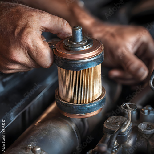 Mechanic holding a car oil filter during maintenance on engine components in a garage setting