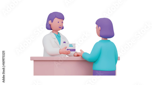 Female pharmacist handing medication box to patient at pharmacy counter during healthcare appointment, promoting health and wellness.