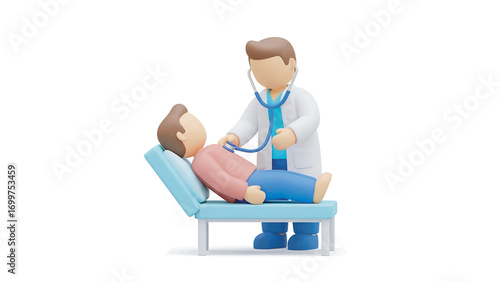 Doctor examining patient with stethoscope on examination table in clinic, ensuring thorough checkup and promoting health and wellbeing.
