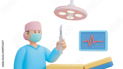 Surgeon in scrubs holding scalpel in operating room with heart monitor and surgical light, ready for operation, conveying a sense of medical readiness.
