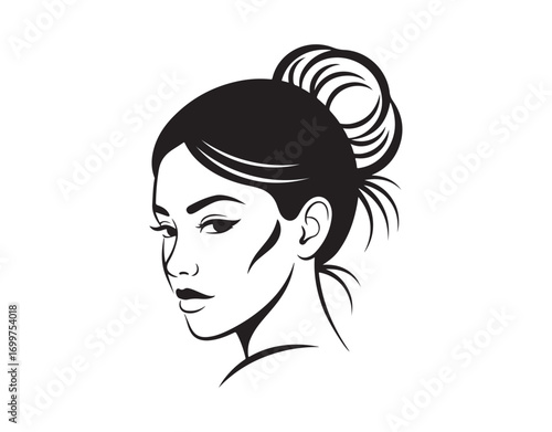 icon of a women's bun hairstyle, featuring a woman's face on a white backdrop