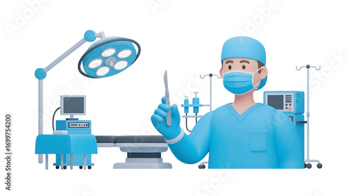 Surgeon holding scalpel in operating room preparing for surgery with medical equipment and bright lights, showcasing modern healthcare technology.