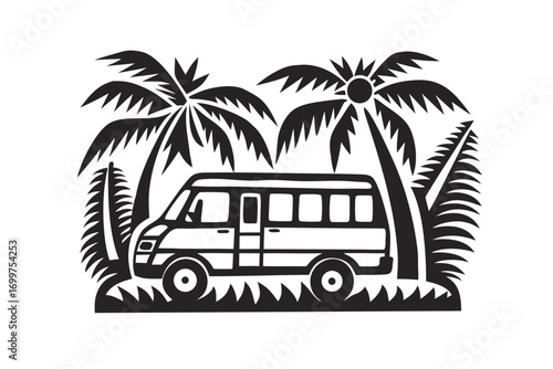 Classic Van Between Palm Trees, Summer Stars Icon on White Background