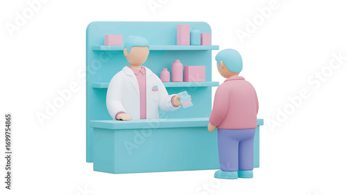 Pharmacist handing medication to patient at pharmacy counter in clean, modern setting, promoting health and wellness through professional service.