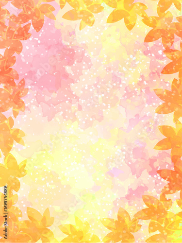 秋の紅葉のイメージの背景素材。水彩風テクスチャー。紅葉の葉っぱのシルエット。鮮やかな黄色やオレンジの色調。かわいい背景色。ふんわりした光の輝き。コピースペース。たて長構図