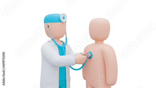 Doctor examining patient with stethoscope in hospital, checking heartbeat and health condition, showcasing medical care and professional expertise.