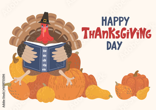 Happy Thanksgiving day. Turkey reading book on pile of orange pumpkins. Autumn harvest educational event for children.