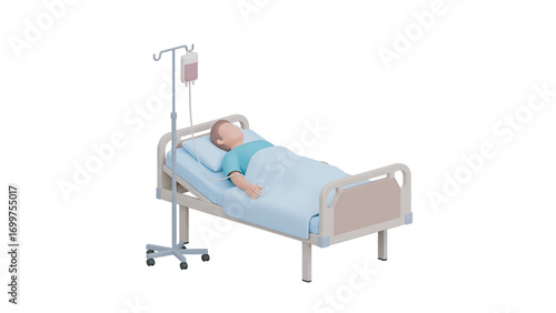 Medical dummy lying in hospital bed with IV drip stands ready for training and education on white backdrop, showcasing healthcare simulation.