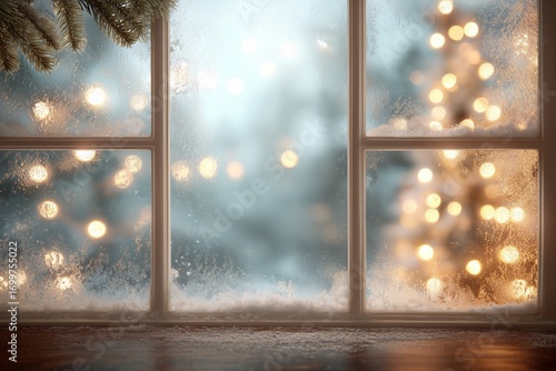 Frosted window with glowing Christmas lights outside, foggy glass background with empty space for text, winter holiday festive decoration, cozy seasonal scene