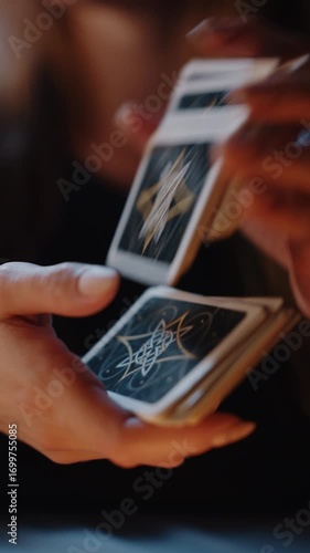 Close-up of woman shuffling tarot cards during fortune telling ritual