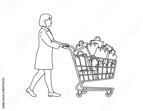 A woman pushing a shopping cart loaded with bags, illustrated in a hand-drawn style. This represents retail, market, sales, and commerce. A vector sketch for printing purposes.
