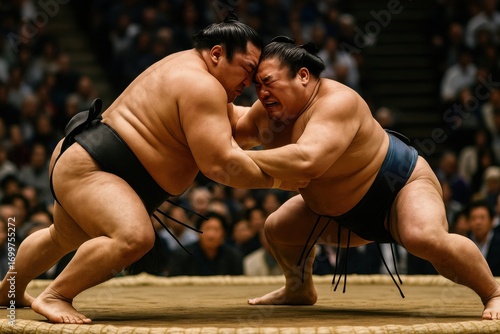 Two sumo wrestlers in fierce competition on the dohyo ring, traditional Japanese martial arts sport, cultural heritage, dramatic clash with authentic atmosphere