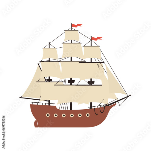Detailed Vector Illustration of a Classic Sailing Ship with Red Flags.