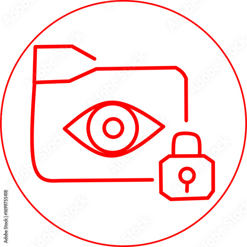 Red line icon of a folder with an eye and padlock symbol, representing data security, privacy protection, file encryption, and confidential information safety.
