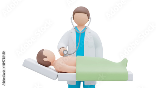 Doctor examines patient lying on examination table in hospital room with stethoscope, providing medical care and support during checkup.