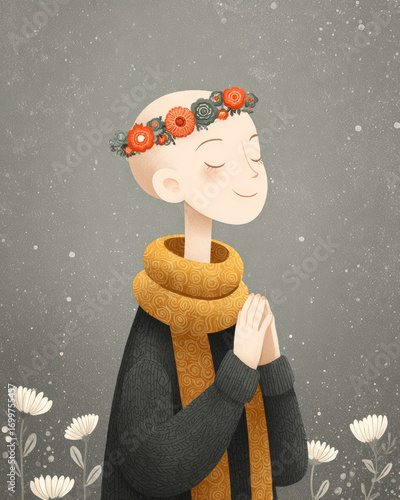 A peaceful illustration of a serene bald woman with a flower crown and a warm scarf, holding her hands in prayer or meditation