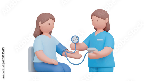 Nurse measures patient's blood pressure in clinic, ensuring accurate reading for health assessment and diagnosis, promoting wellbeing and care.