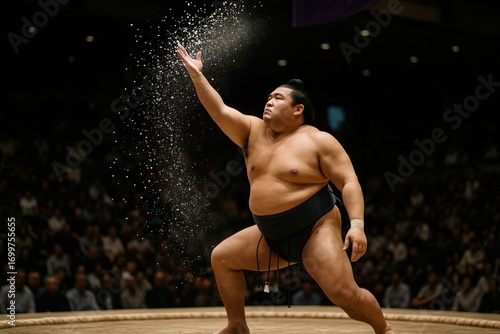 Sumo wrestler throwing salt to purify the dohyo before a match, traditional Japanese cultural ritual, authentic atmosphere, sacred heritage