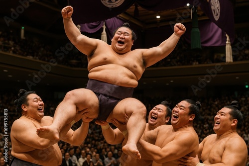 Victorious sumo wrestler lifted high in celebration after winning a tournament, carried by fellow wrestlers inside the dohyo, joyful and powerful scene, authentic Japanese cultural heritage