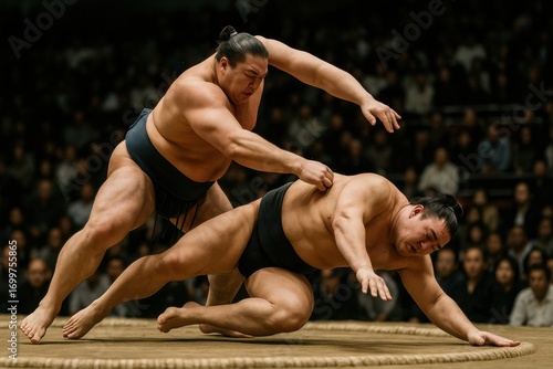 image.pngDecisive winning throw by a sumo wrestler at the edge of the dohyo ring, dramatic sports moment in Japanese culture and martial arts tradition, authentic heritage