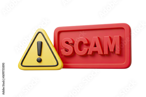 Red scam alert sign with yellow warning triangle and exclamation mark isolated on transparent background