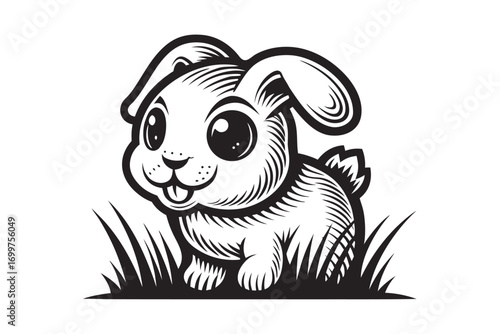 Cute Bunny Illustration, Cartoon Style, Black and White, on White Background