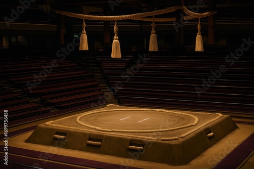 Sacred dohyo sumo ring prepared for a tournament, clay platform with straw bales and ceremonial ropes, authentic Japanese cultural heritage, empty arena before the match