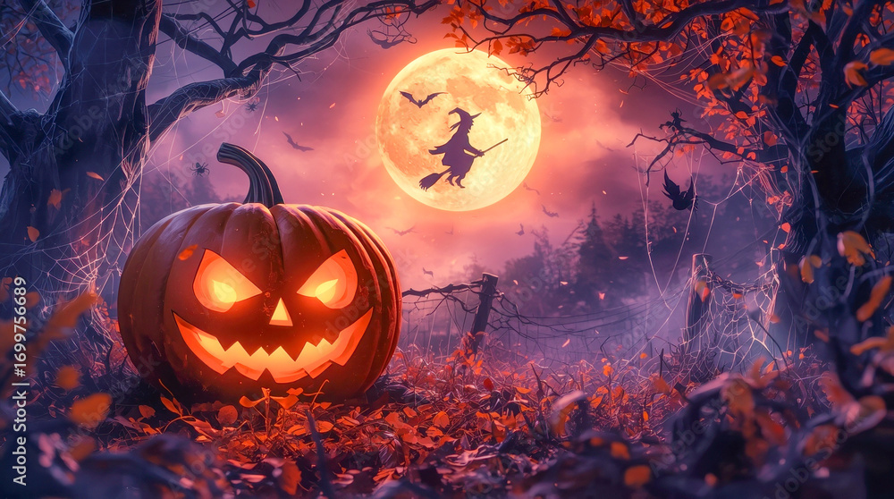 Naklejka premium Halloween with a dark blue and purple sky, filled with bats flying and a pumpkin. 3D render