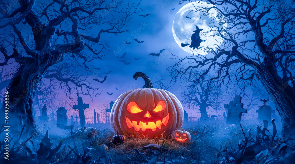 Naklejka premium Halloween with a dark blue and purple sky, filled with bats flying and a pumpkin. 3D render