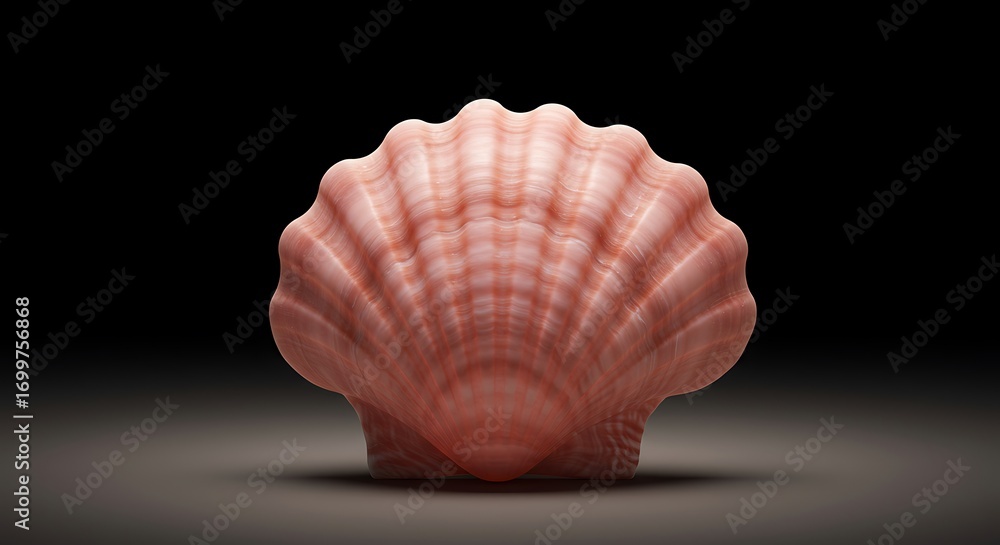 Obraz premium Stunning pink seashell with detailed ridges and a wavy pattern, illuminated against a dark background, highlighting its delicate form and natural elegance.