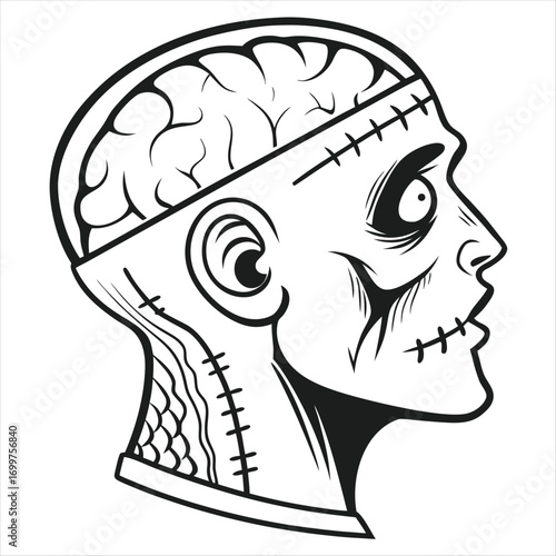 Vector Illustration of Zombie Head with Brain Exposed in Black and White