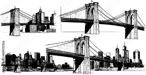 Monochrome drawing of brooklyn bridge with city skyline in the background showcasing urban architecture |eps vectors
