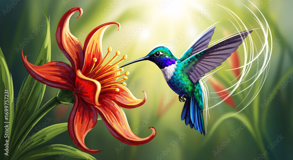 Obraz premium Vibrant Hummingbird Sips Nectar from a Fiery Red Lily in a Sun-Dappled Garden