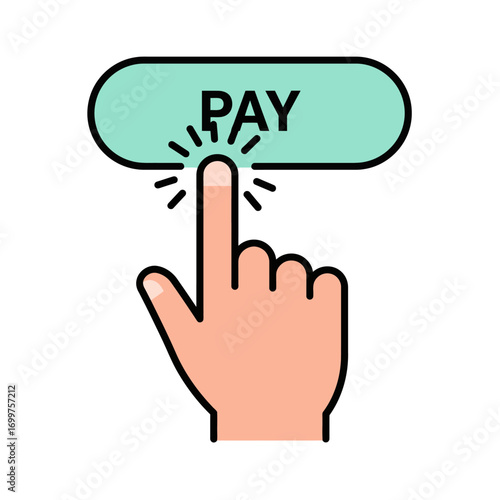 Finger Pressing Pay Button with Radiant Lines Illustrating Payment Process.