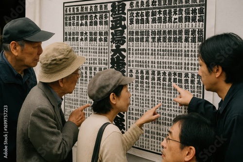 People gathered around a large printed sumo banzuke ranking chart, discussing names of wrestlers, authentic Japanese cultural heritage and tradition